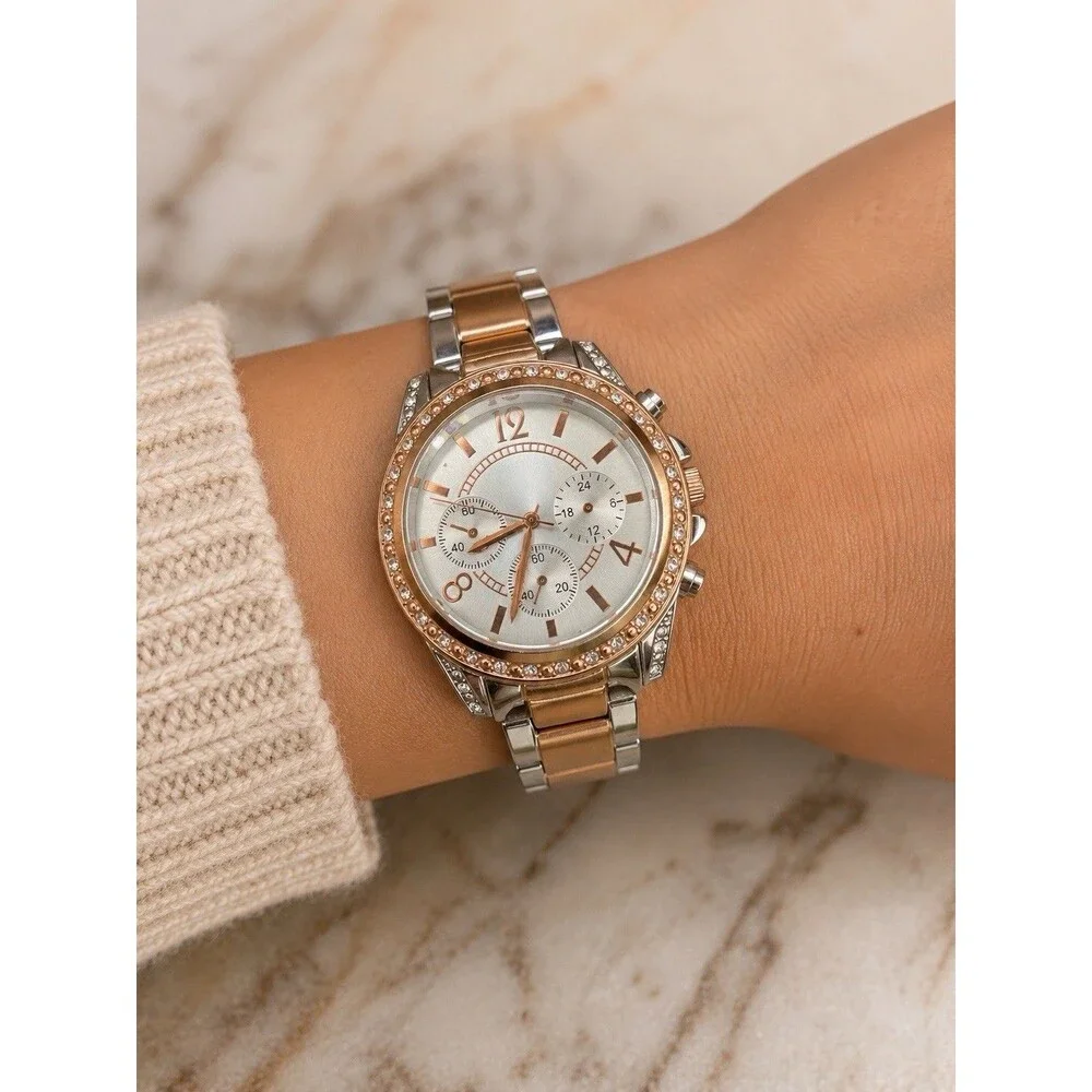 Two Tone Rhinestone Chrono Womens Watch Gold & Silver Tone Works New Battery